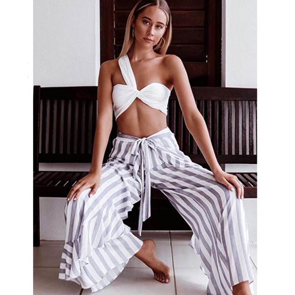 High Waisted Chiffon Striped Palazzo Pants Ruffles - Picture 4 of 13